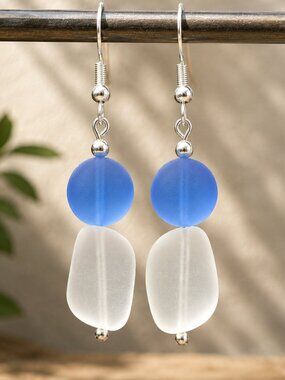 Blue and White Sea Glass Drop Earrings Sterling Silver | Handmade